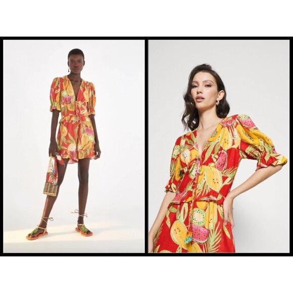 💕FARM RIO💕 Papaya Romper ~ Red Multi-Color S NWT